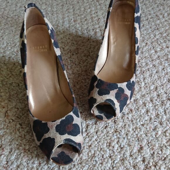 Stuart Weitzman fabric Leopard flowers Print Peep Toe wedges Size 10M - Picture 6 of 12